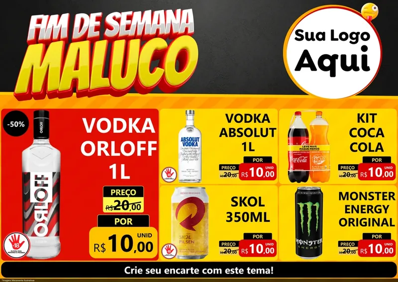 Modelo de Encarte para Encarte A4 Horizontal com o tema Final de Semana Maluco para Distribuidora de bebidas