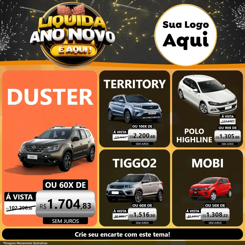 Modelo de Rede Social para Feed Facebook com o tema Liquida Ano Novo É Aqui! para Concessionaria de Carros