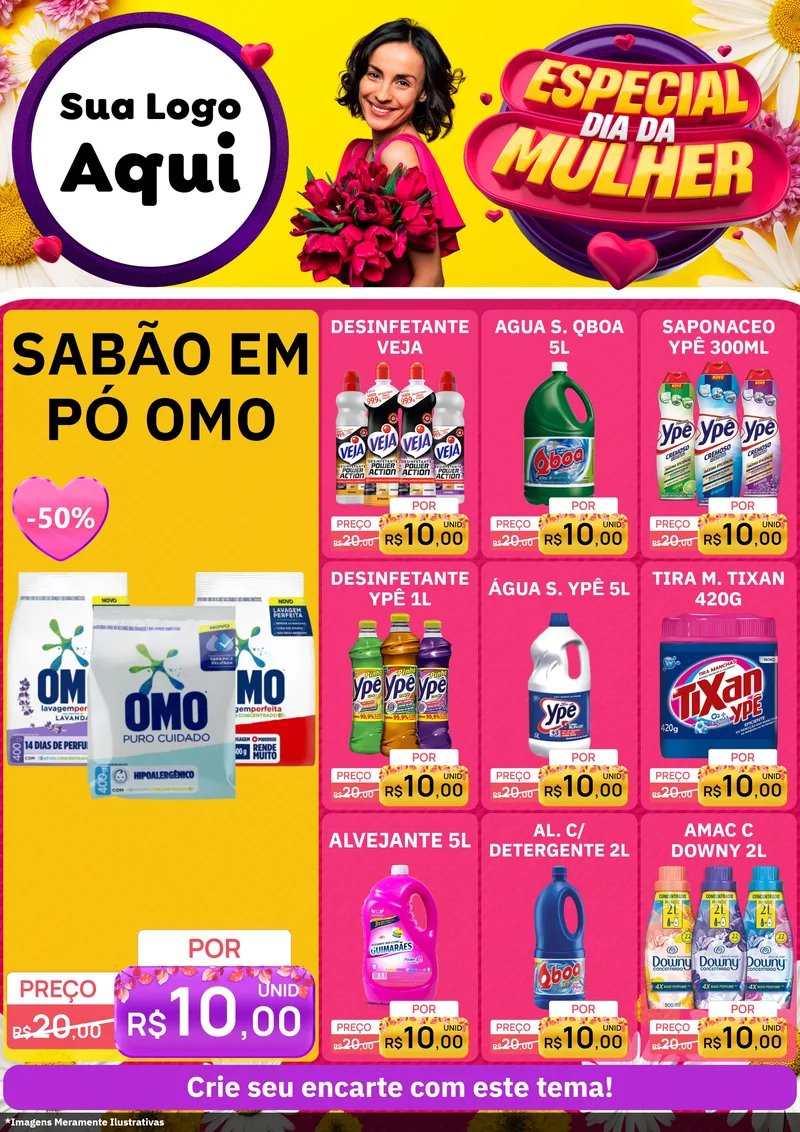 Modelo de Encarte para Encarte A4 Vertical com o tema Especial Dia da Mulher para Produtos de Limpeza