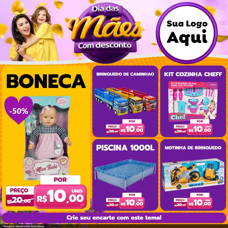 Modelo de Rede Social para Feed Facebook com o tema Dia das Mães com Desconto para Brinquedos