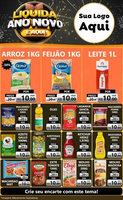 Modelo de Encarte para Encarte Grande com o tema Liquida Ano Novo É Aqui! para Supermercado