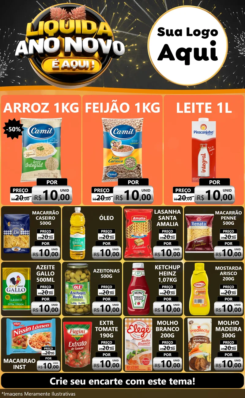 Modelo de Encarte para Encarte Grande com o tema Liquida Ano Novo É Aqui! para Supermercado