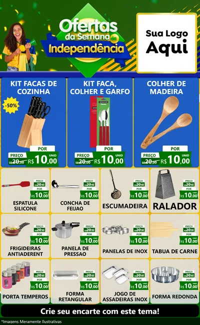 Modelo de Encarte para Encarte Grande com o tema Ofertas da Semana da Independência para Utilidades Domésticas