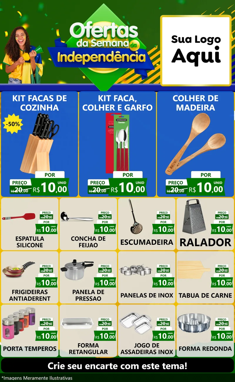Modelo de Encarte para Encarte Grande com o tema Ofertas da Semana da Independência para Utilidades Domésticas
