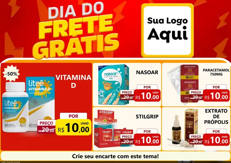 Modelo de Encarte para Encarte A4 Horizontal com o tema Dia do Frete Grátis para Farmácia