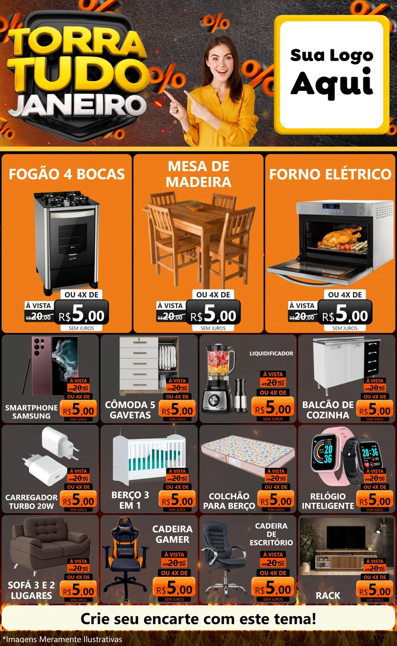 Modelo de Encarte para Encarte Grande com o tema Torra Tudo Janeiro para Móveis e Eletro