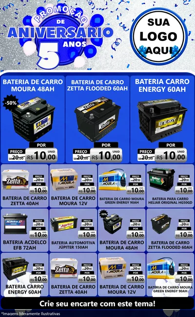 Modelo de Encarte para Encarte Grande com o tema Promoção de Aniversário - 5 Anos para Baterias Elétricas