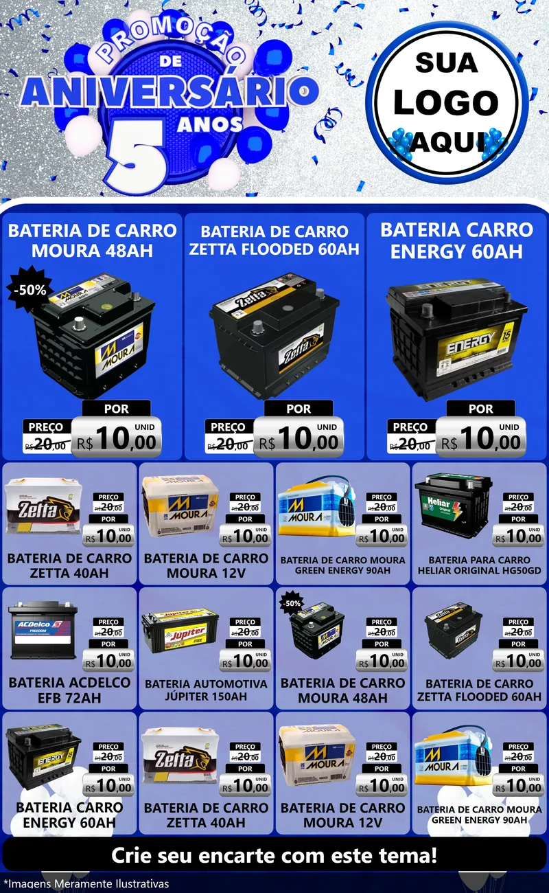 Modelo de Encarte para Encarte Grande com o tema Promoção de Aniversário - 5 Anos para Baterias Elétricas