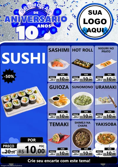 Modelo de Encarte para Encarte A4 Vertical com o tema Promoção de Aniversário - 10 Anos para Comida japonesa