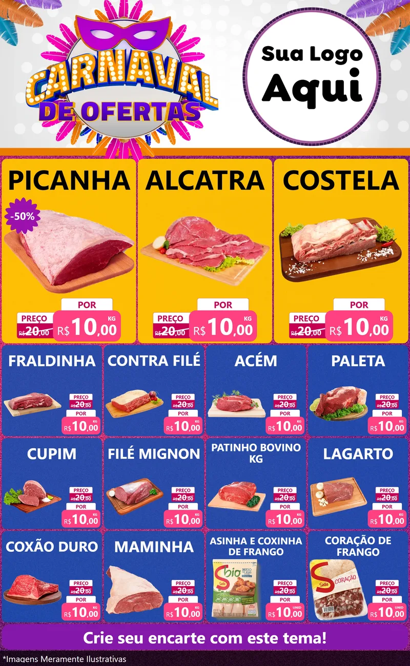 Modelo de Encarte para Encarte Grande com o tema Carnaval de Ofertas para Açougue