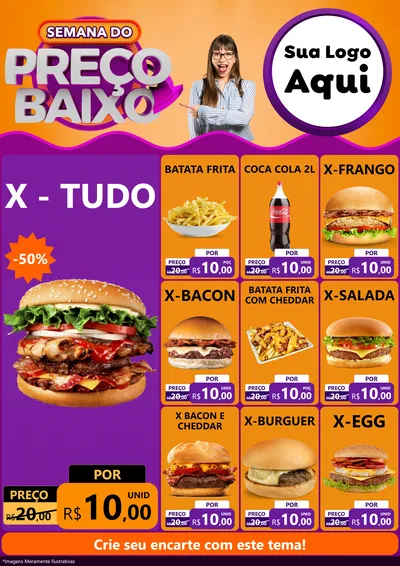 Modelo de Encarte para Encarte A4 Vertical com o tema Semana do Preço Baixo para Hamburgueria