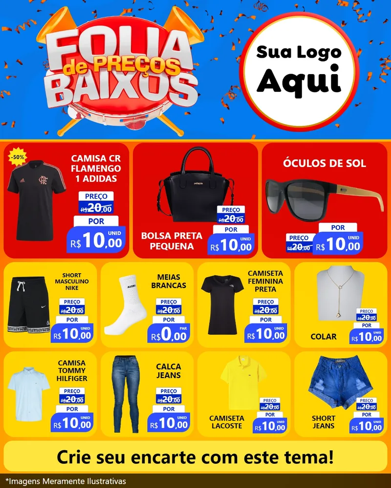 Modelo de Rede Social para Feed Instagram com o tema Folia de Preços Baixos para Roupas e acessórios