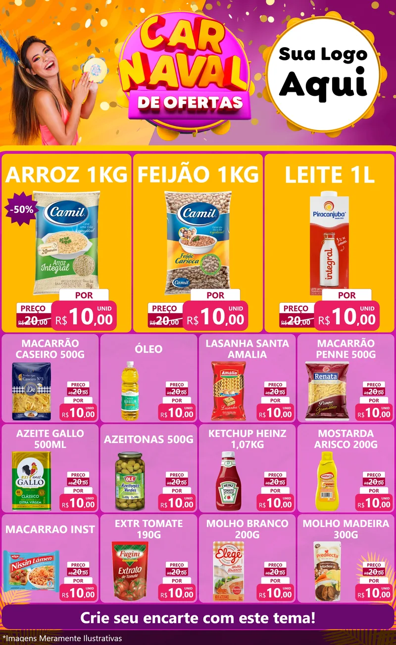 Modelo de Encarte para Encarte Grande com o tema Carnaval de Ofertas para Supermercado