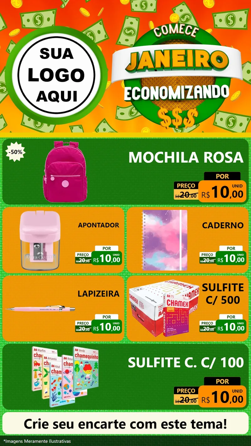 Modelo de TV para TV Vertical com o tema Comece Janeiro Economizando para Papelaria