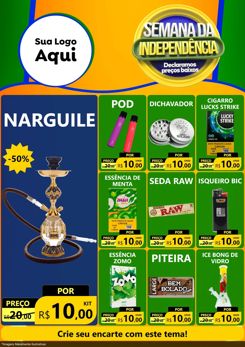 Modelo de Encarte para Encarte A4 Vertical com o tema Semana da Independência Declaramos Preços Baixos para Tabacaria