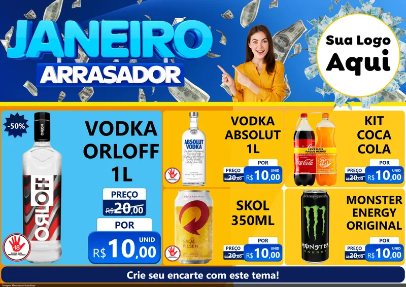 Modelo de Encarte para Encarte A4 Horizontal com o tema Janeiro Arrasador para Distribuidora de bebidas