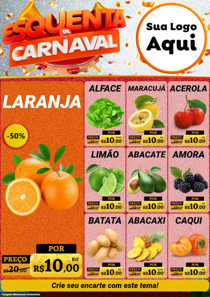 Modelo de Encarte para Encarte A4 Vertical com o tema Esquenta de Carnaval para Hortifrúti