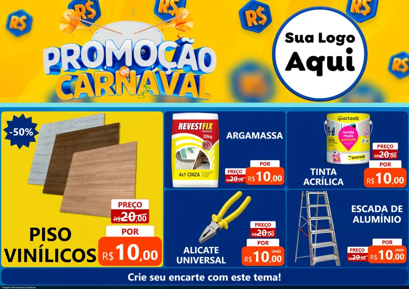 Modelo de Encarte para Encarte A4 Horizontal com o tema Promoção de Carnaval para Material para Construção