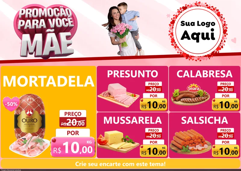 Modelo de Encarte para Encarte A4 Horizontal com o tema Promoção Para Você Mãe para Frios e Laticínios