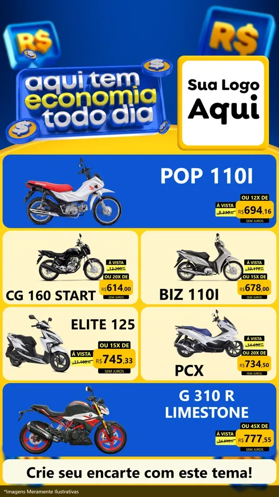 Modelo de TV para TV Vertical com o tema Aqui Tem Economia Todo Dia para Concessionaria de Motos