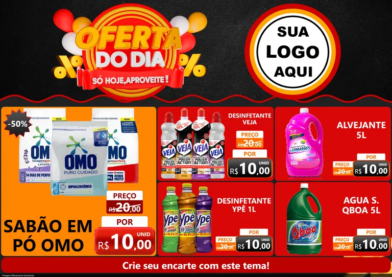 Modelo de Encarte para Encarte A4 Horizontal com o tema Oferta do Dia - Só hoje, Aproveite! para Produtos de Limpeza