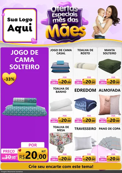 Modelo de Encarte para Encarte A4 Vertical com o tema Ofertas Especiais - Mês das Mães para Cama, Mesa e Banho
