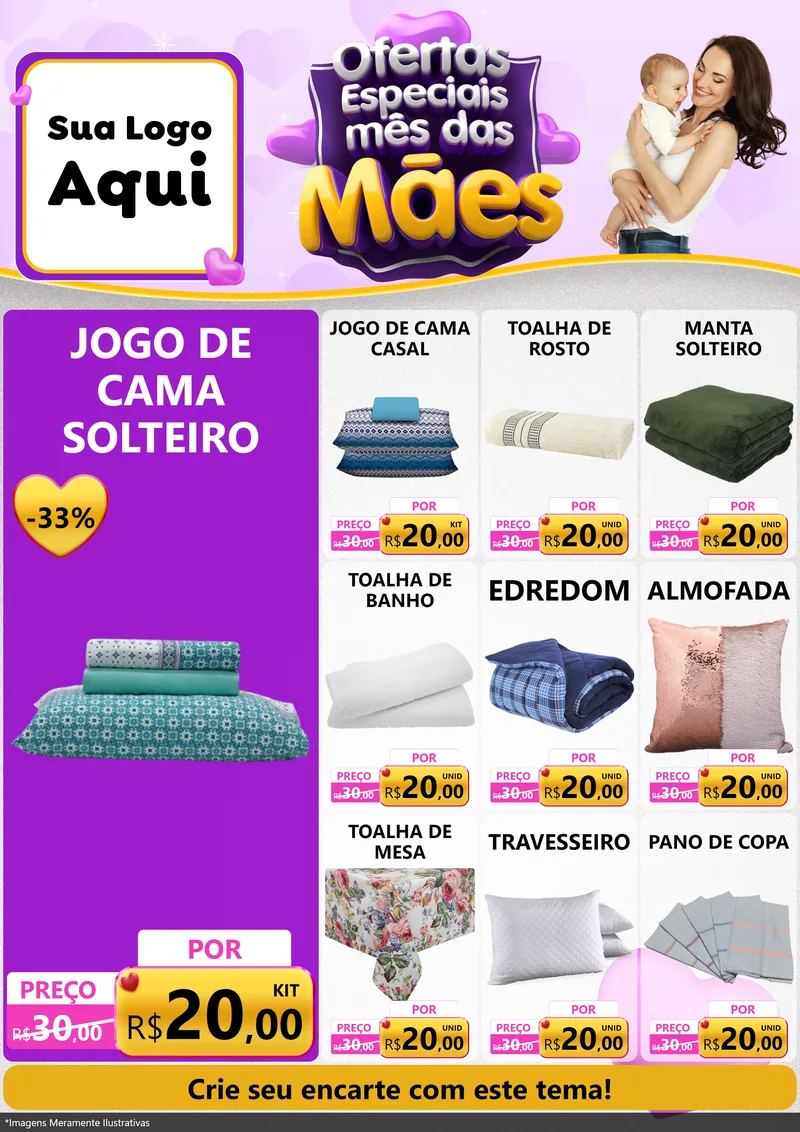 Modelo de Encarte para Encarte A4 Vertical com o tema Ofertas Especiais - Mês das Mães para Cama, Mesa e Banho