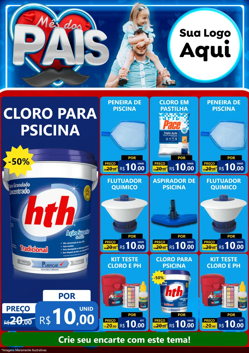 Modelo de Encarte para Encarte A4 Vertical com o tema Mês Dos Pais para Produtos para Piscina
