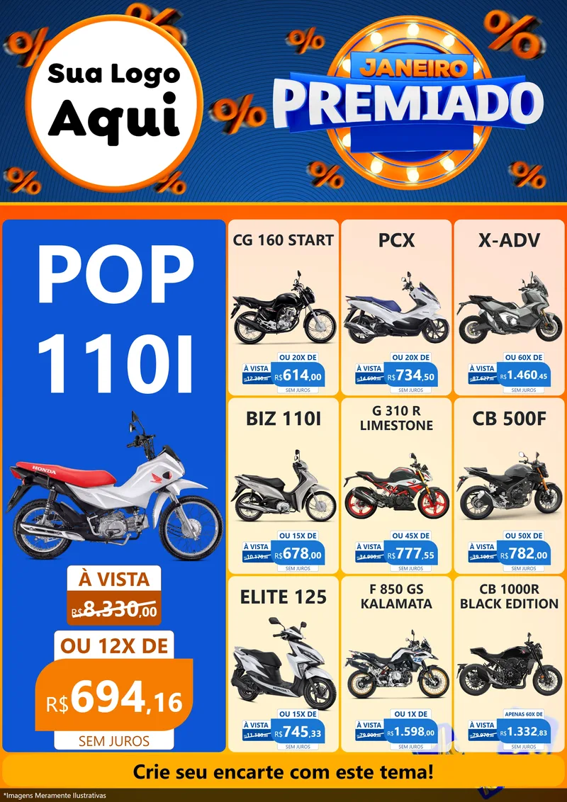 Modelo de Encarte para Encarte A4 Vertical com o tema Janeiro Premiado para Concessionaria de Motos