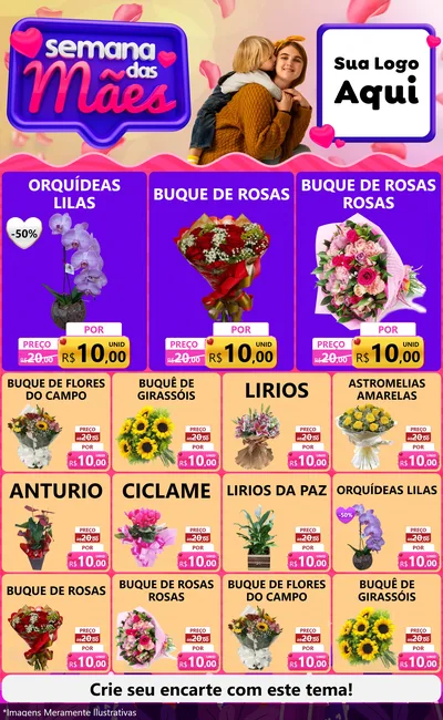 Modelo de Encarte para Encarte Grande com o tema Semana das Mães para Floricultura e jardim