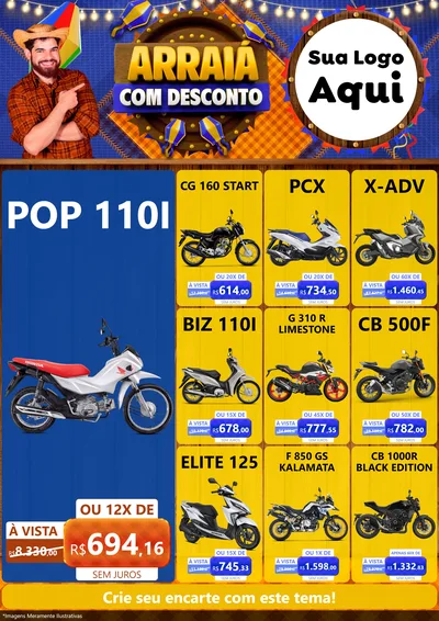 Modelo de Encarte para Encarte A4 Vertical com o tema Arraiá Com Desconto para Concessionaria de Motos