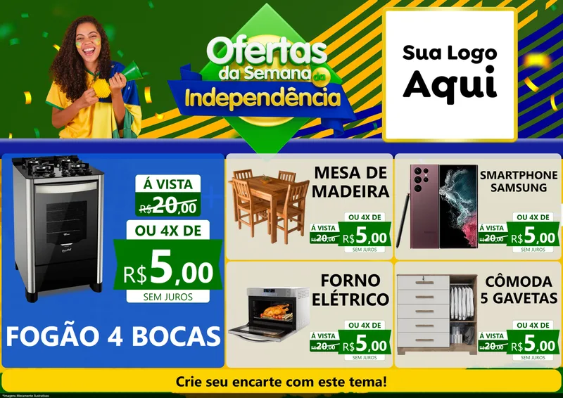 Modelo de Encarte para Encarte A4 Horizontal com o tema Ofertas da Semana da Independência para Móveis e Eletro