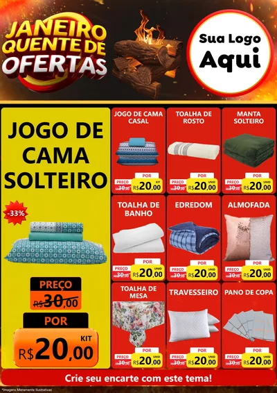 Modelo de Encarte para Encarte A4 Vertical com o tema Janeiro Quente de Ofertas para Cama, Mesa e Banho