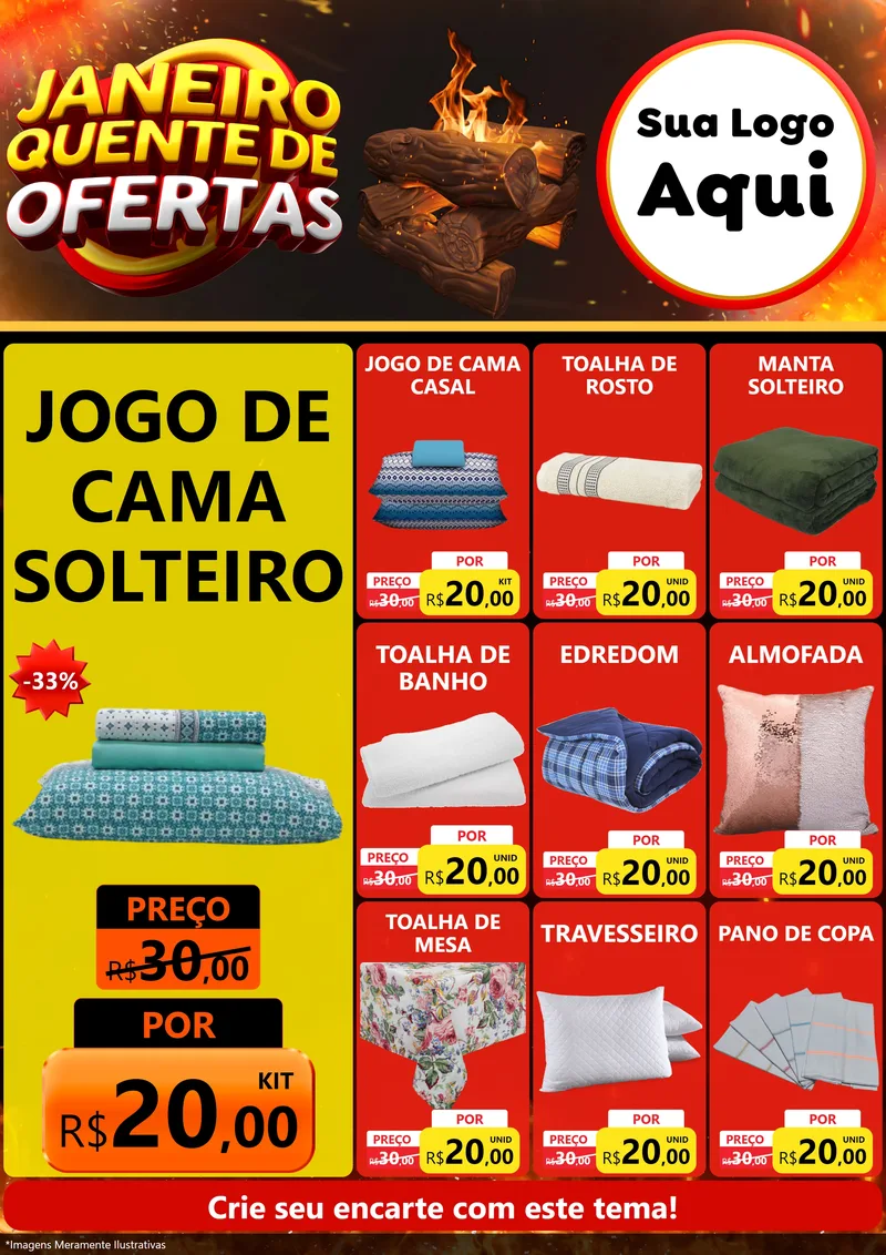 Modelo de Encarte para Encarte A4 Vertical com o tema Janeiro Quente de Ofertas para Cama, Mesa e Banho