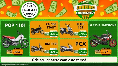 Modelo de TV para TV Horizontal com o tema Comece Janeiro Economizando para Concessionaria de Motos