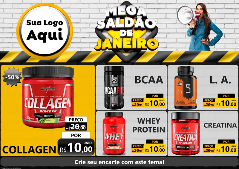Modelo de Encarte para Encarte A4 Horizontal com o tema Mega Saldão de Janeiro para Suplementos alimentares
