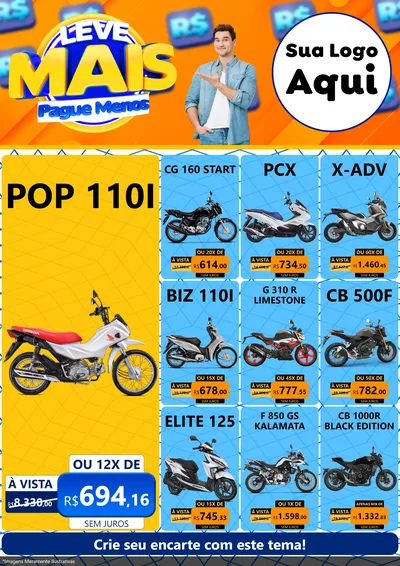 Modelo de Encarte para Encarte A4 Vertical com o tema Leve Mais, Pague Menos para Concessionaria de Motos