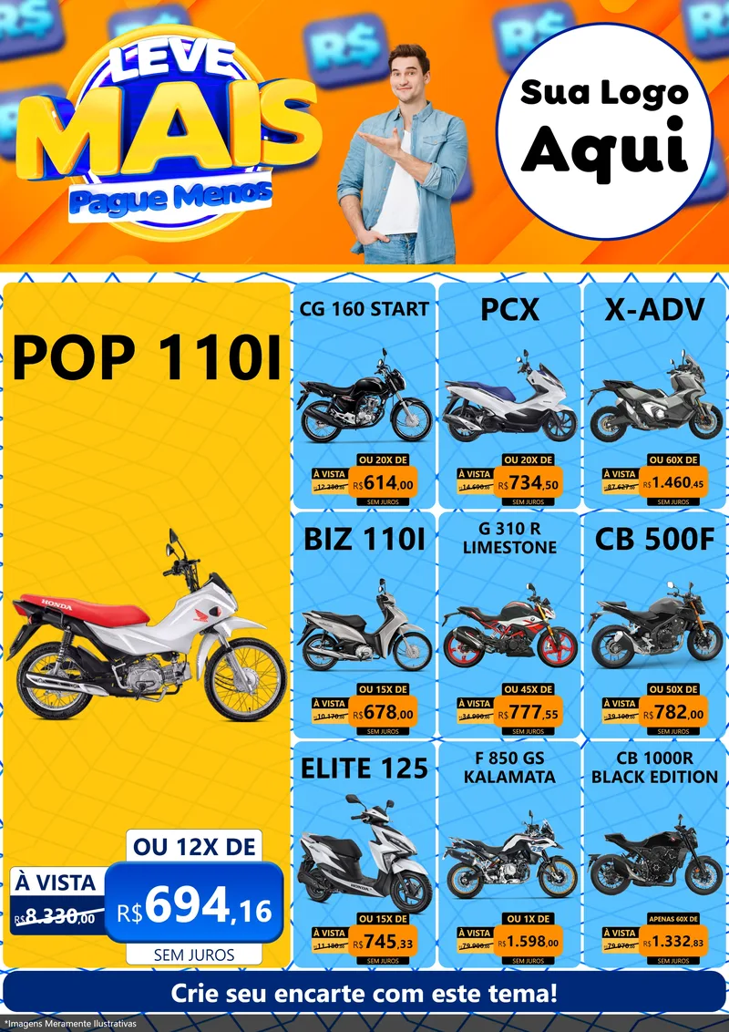 Modelo de Encarte para Encarte A4 Vertical com o tema Leve Mais, Pague Menos para Concessionaria de Motos