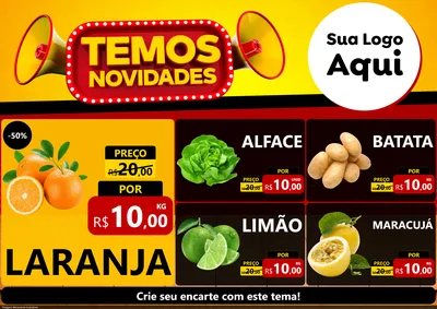 Modelo de Encarte para Encarte A4 Horizontal com o tema Temos Novidades para Hortifrúti