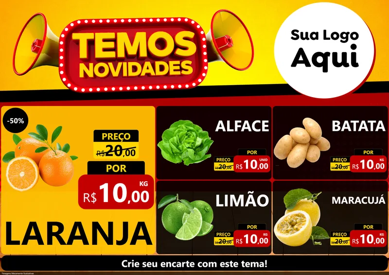 Modelo de Encarte para Encarte A4 Horizontal com o tema Temos Novidades para Hortifrúti