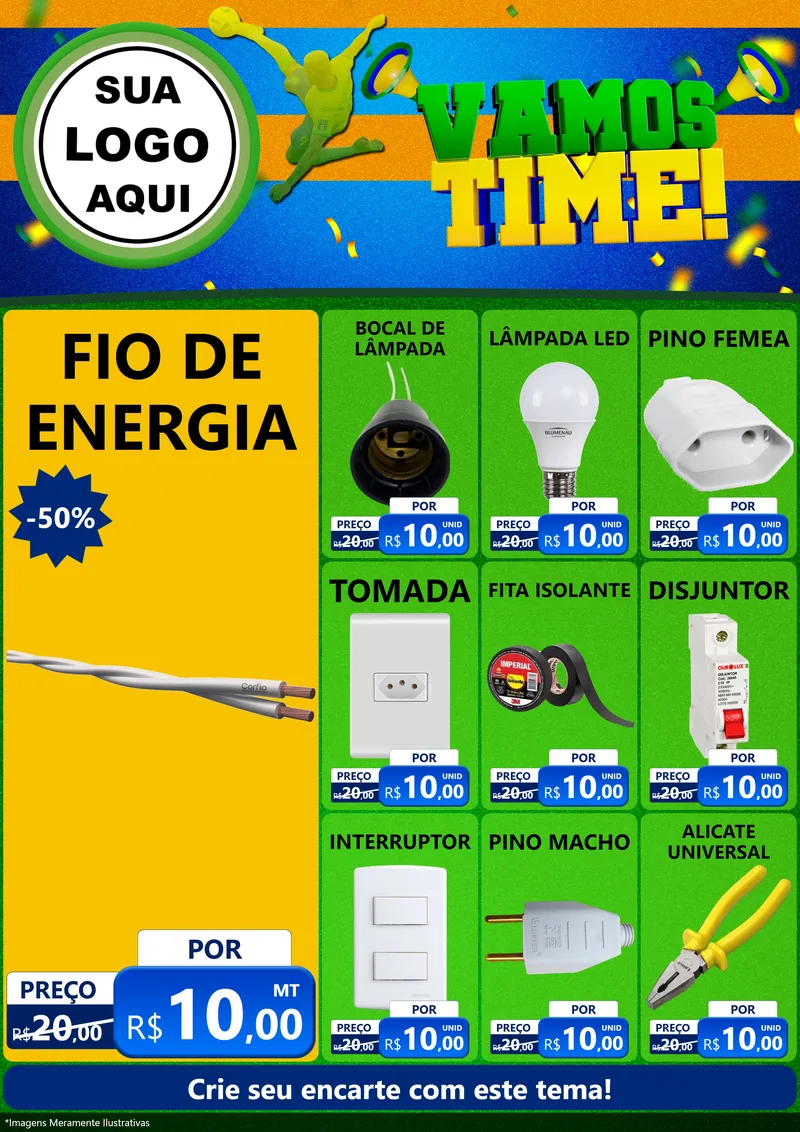 Modelo de Encarte para Encarte A4 Vertical com o tema Vamos Time! para Materiais Elétricos