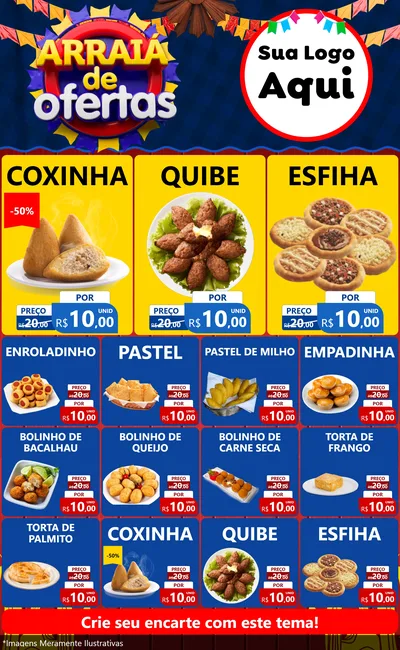 Modelo de Encarte para Encarte Grande com o tema Arraiá de Ofertas para Salgadaria