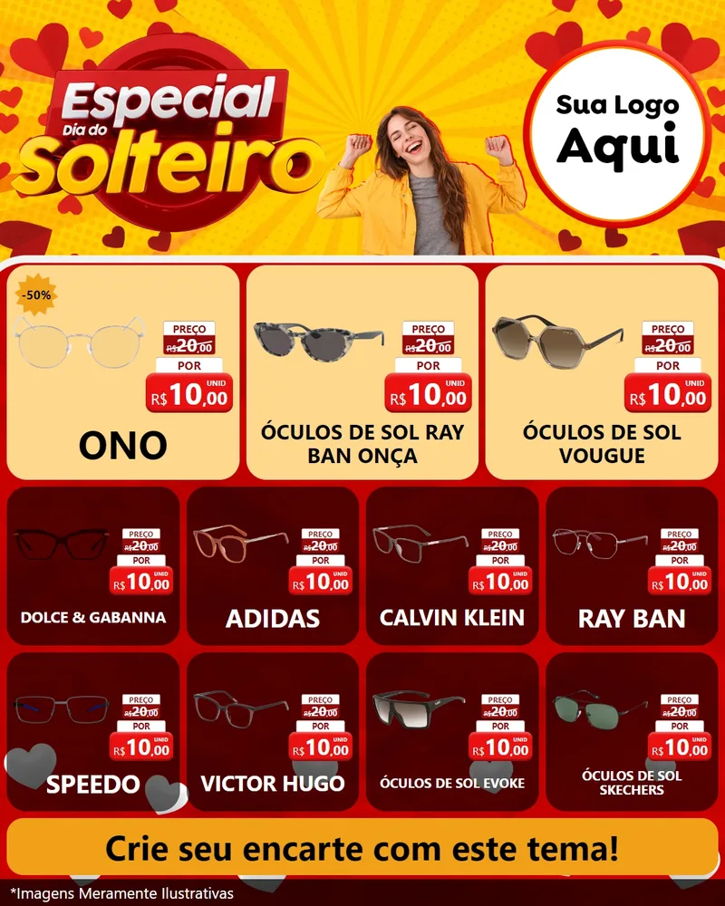 Modelo de Rede Social para Feed Instagram com o tema Especial Dia do Solteiro para Óticas