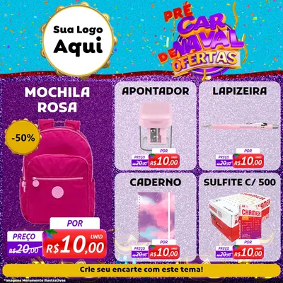 Modelo de Rede Social para Feed Facebook com o tema Pré Carnaval de Ofertas para Papelaria