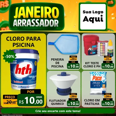Modelo de Rede Social para Feed Facebook com o tema Janeiro Arrasador para Produtos para Piscina