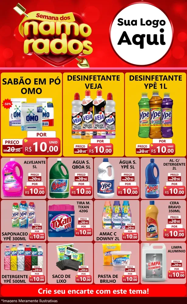 Modelo de Encarte para Encarte Grande com o tema Semana dos namorados para Produtos de Limpeza