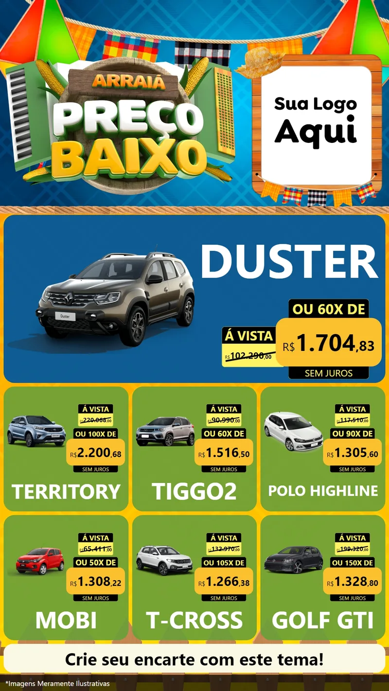 Modelo de Rede Social para Stories com o tema Arraiá de Preço Baixo - Junina para Concessionaria de Carros