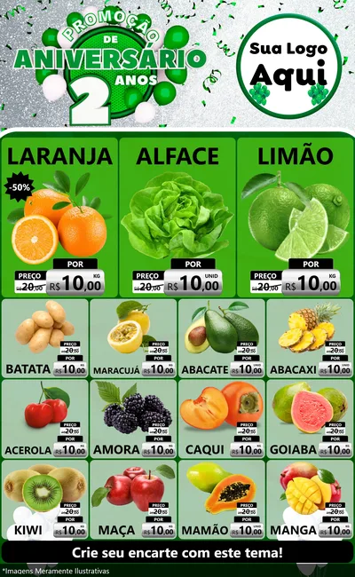 Modelo de Encarte para Encarte Grande com o tema Promoção de Aniversário - 2 Anos para Hortifrúti