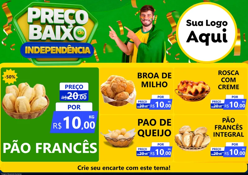 Modelo de Encarte para Encarte A4 Horizontal com o tema Preço Baixo de Independência para Padaria