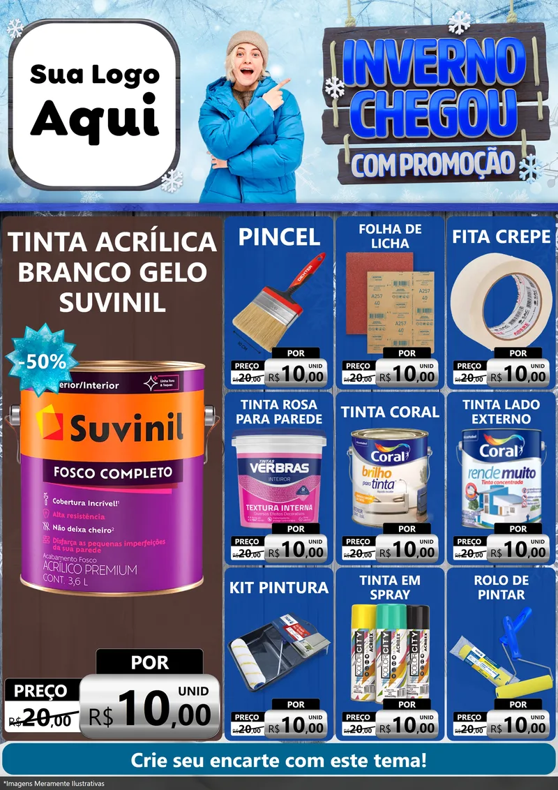 Modelo de Encarte para Encarte A4 Vertical com o tema Inverno Chegou Com Promoção para Tintas e Ferramentas